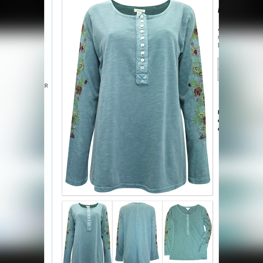 Sundance Teal Long Sleeve Embroidered Henley - Picture 2 of 8